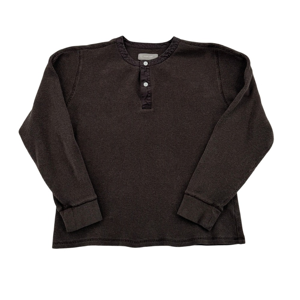 Everlane Waffle Knit Henley Shirt Mens Medium Brown Thermal Long Sleeve Top